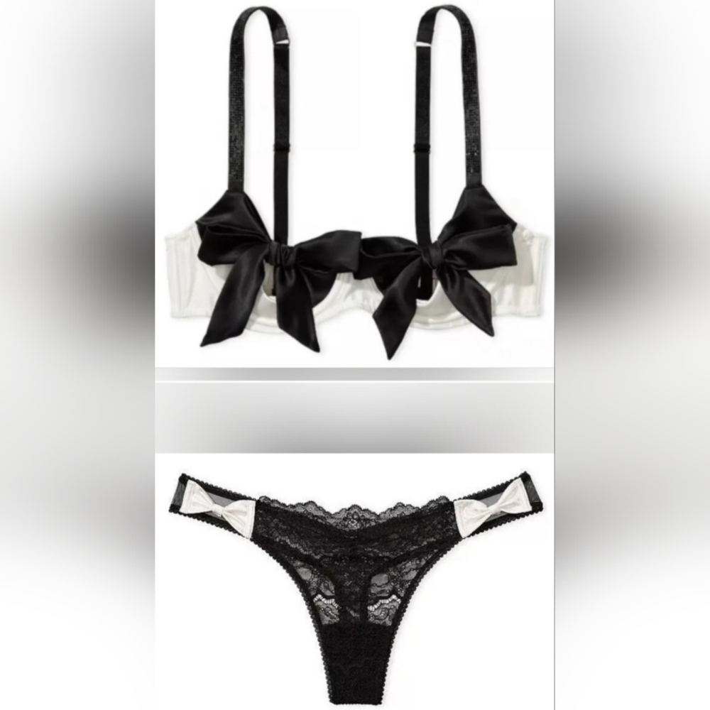 XL/XL VS Shine Strap Peekaboo Balconette Bra Satin Bow Lace Thong Panty Set